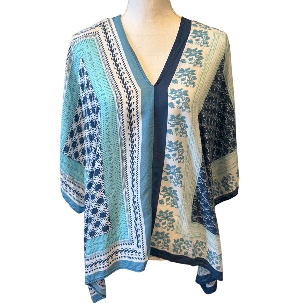 Chico's Rayon Bohemian Topper Blue Ikat Print